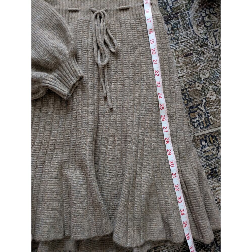 MABLE Brown Knit Balloon Sleeve Scoop Neck Ribbed Mini Sweater Dress Tie Waist - Picture 7 of 7
